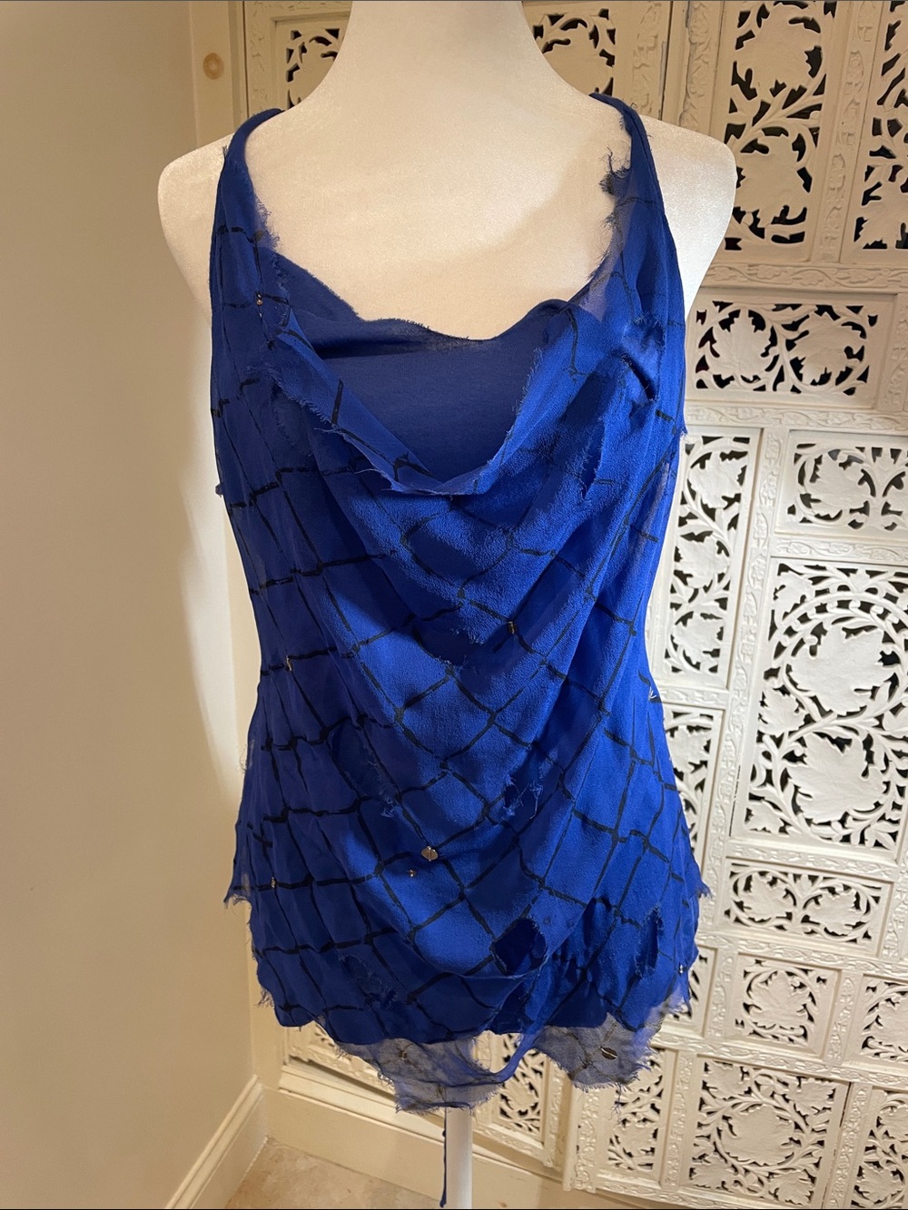 VINTAGE RELIGION Royal Blue Distressed Cowl Neck Camisole